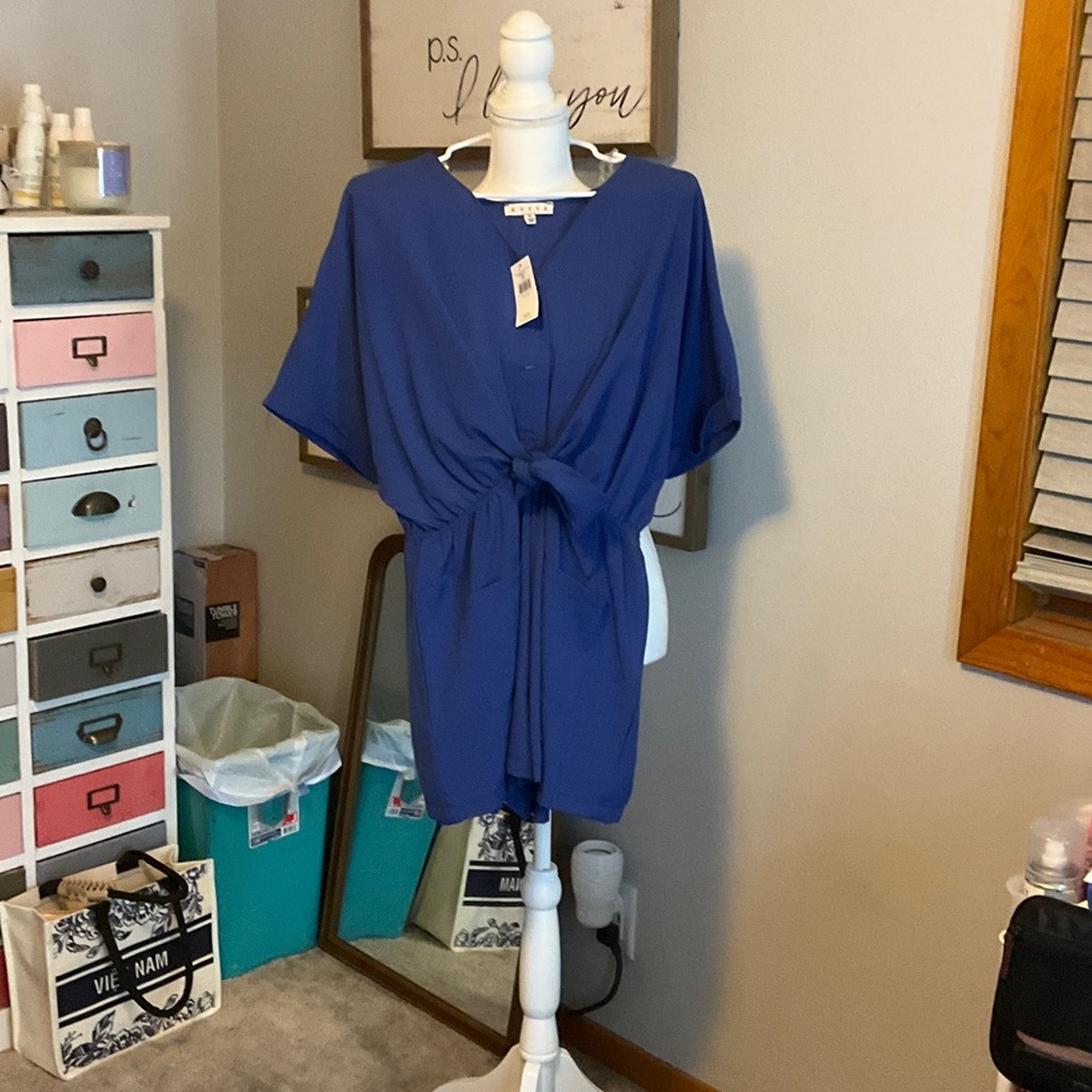 Blue Button-Front Tie-Waist Dress